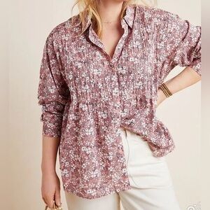 Anthropologie Button Down Top - Pilcro The Sasha Smocked Floral Button Down Top